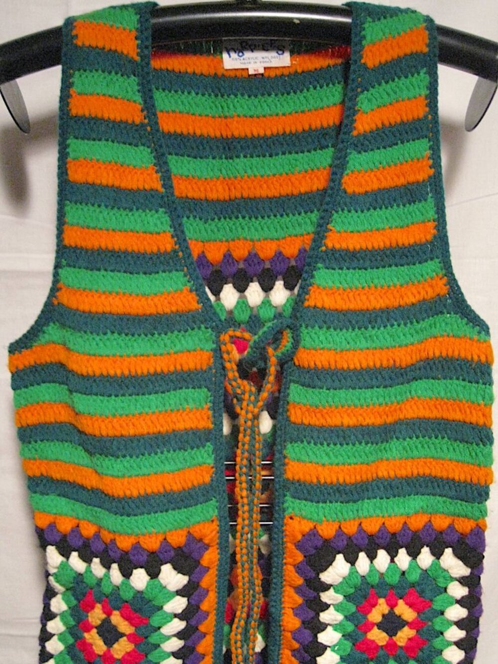 Harpees Multicolor Granny Square 70s Crochet Knit Vest Boho Tie Front Deadstock
